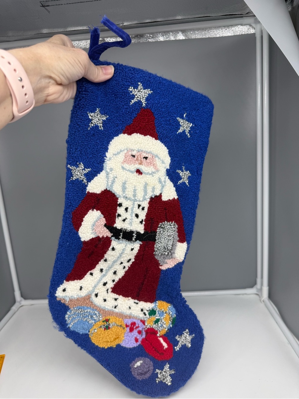 Vintage 1990s Punch Needle Needlepoint Christmas Stocking Jolly Santa